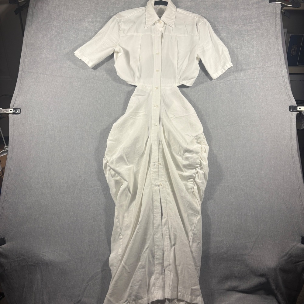 Staud Shian Dress White Cut Out Back Ruched Midi Shirt Dress Size L